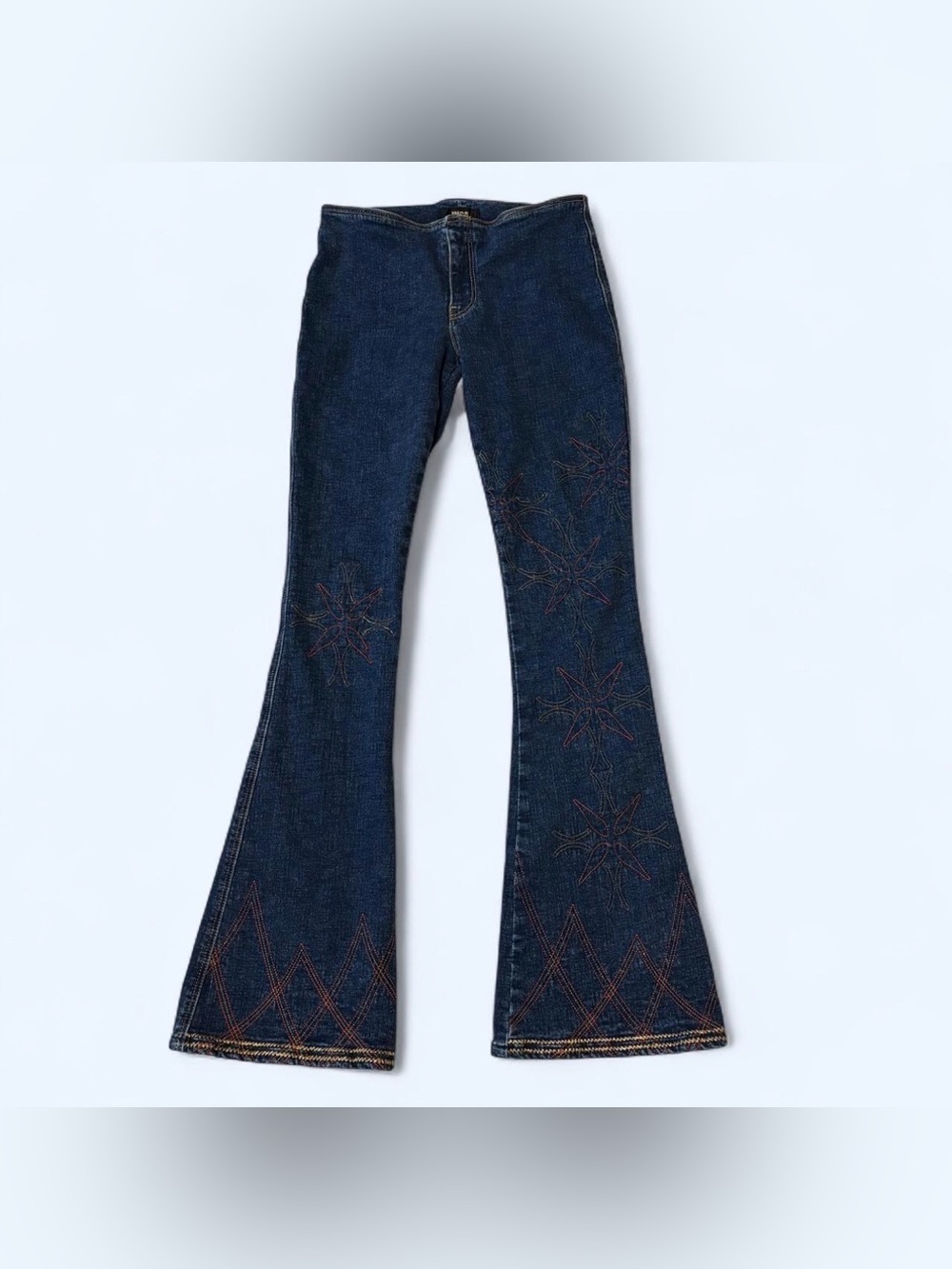 Vintage Y2K JNCO Sz 5 Ultra Low Rise Embroidered Flare Jeans Atomic Starburst